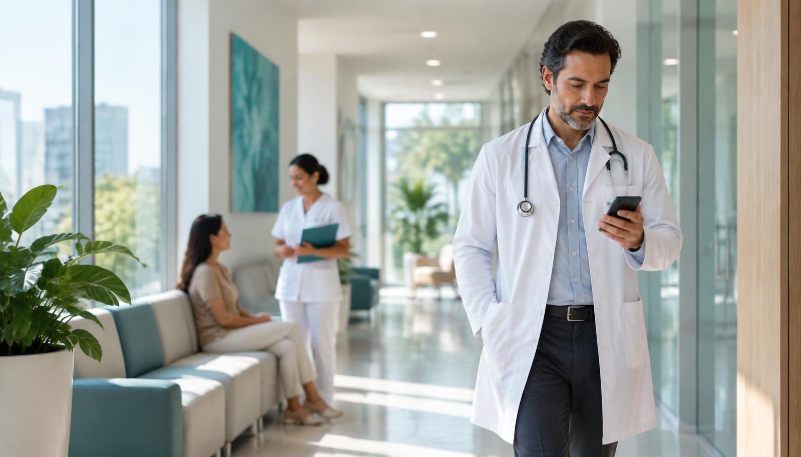Médico usando o smartphone em uma clínica moderna